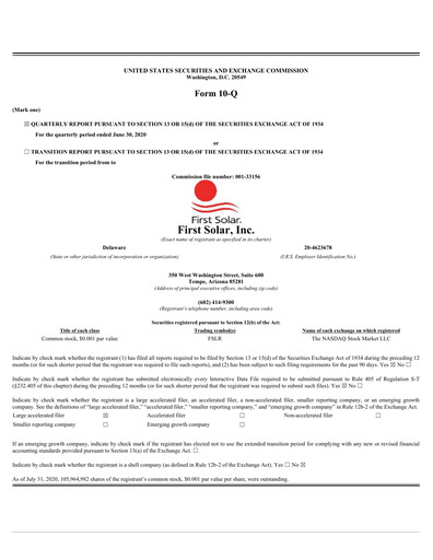 Thumbnail First Solar
 Quarterly Report 2020-q2