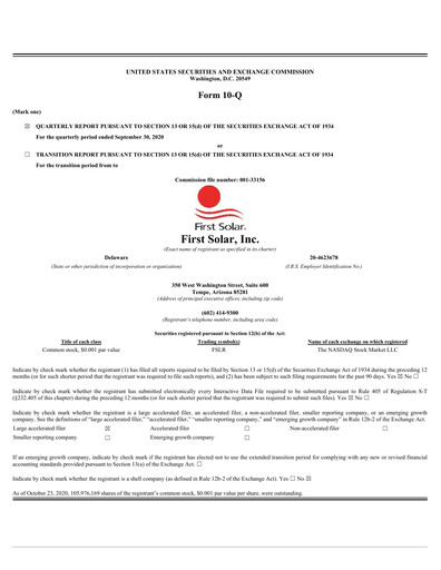 Thumbnail First Solar
 Quarterly Report 2020-q3