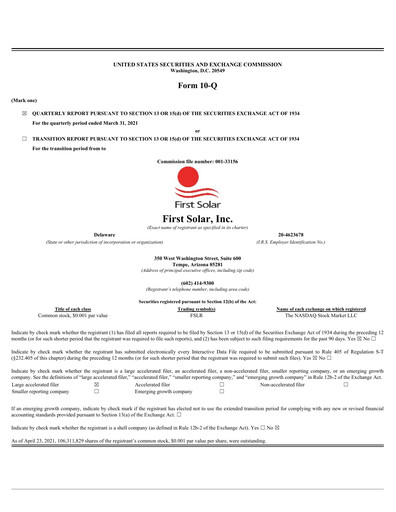 Thumbnail First Solar
 Quarterly Report 2021-q1