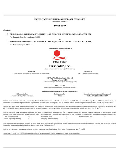 Thumbnail First Solar
 Quarterly Report 2021-q2