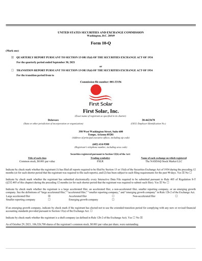Thumbnail First Solar
 Quarterly Report 2021-q3