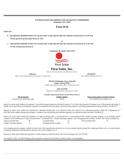 Thumbnail First Solar
 Quarterly Report 2022-q1