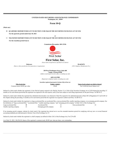 Thumbnail First Solar
 Quarterly Report 2022-q2