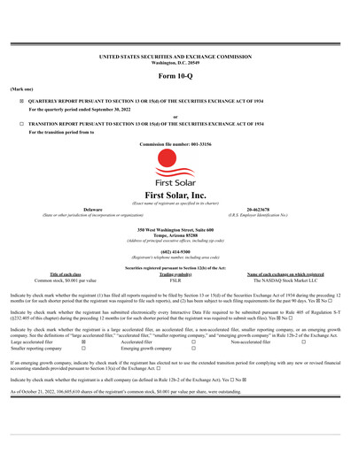 Thumbnail First Solar
 Quarterly Report 2022-q3