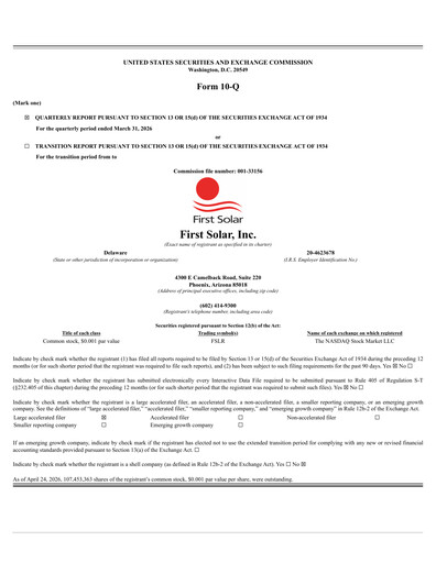 Thumbnail First Solar
 Quarterly Report 2026-q1