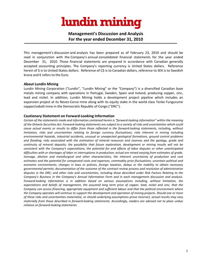 Thumbnail Lundin Mining
 Financial Statement 2010