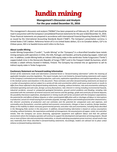 Thumbnail Lundin Mining
 Financial Statement 2016