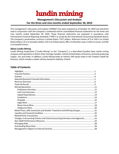 Thumbnail Lundin Mining
 Quarterly Report 2019-q3