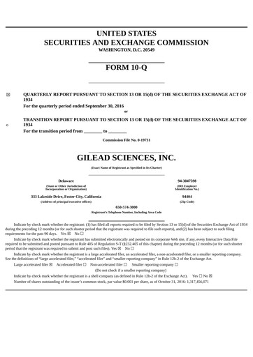 Thumbnail Gilead Sciences Quarterly Report 2016-q3