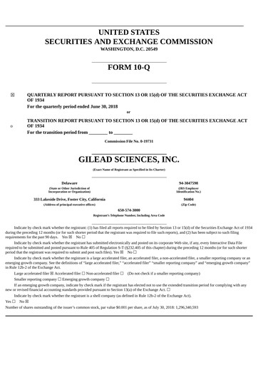 Thumbnail Gilead Sciences Quarterly Report 2018-q2