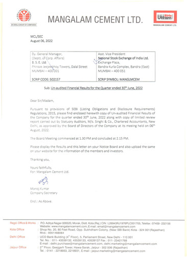 Miniature Mangalam Cement Rapport trimestriel 2022-q1