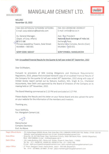 Miniature Mangalam Cement Rapport trimestriel 2022-q2