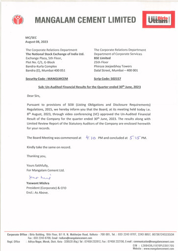 Miniature Mangalam Cement Rapport trimestriel 2023-q1