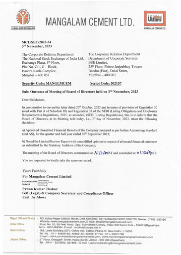 Miniature Mangalam Cement Rapport trimestriel 2023-q2