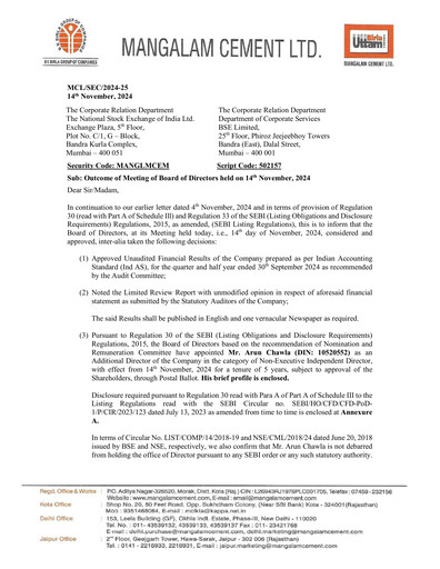 Miniature Mangalam Cement Rapport trimestriel 2024-q2