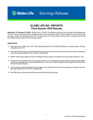 Thumbnail Globe Life
 Quarterly Report 2019-q3