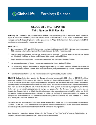 Thumbnail Globe Life
 Quarterly Report 2021-q3