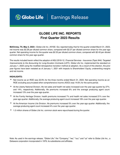 Thumbnail Globe Life
 Quarterly Report 2023-q1