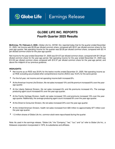 Thumbnail Globe Life
 Quarterly Report 2025-q4