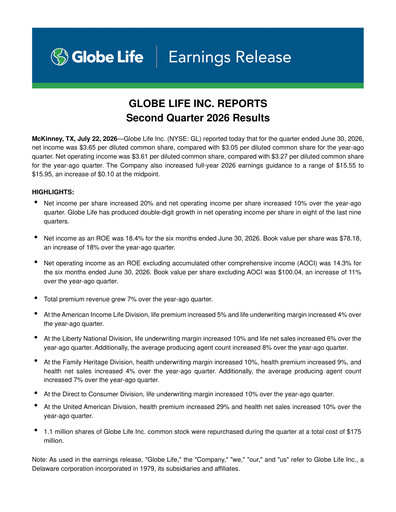 Thumbnail Globe Life
 Quarterly Report 2026-q2