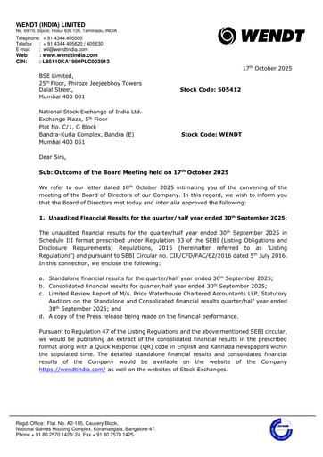 Thumbnail Wendt India
 Quarterly Report 2025-q2