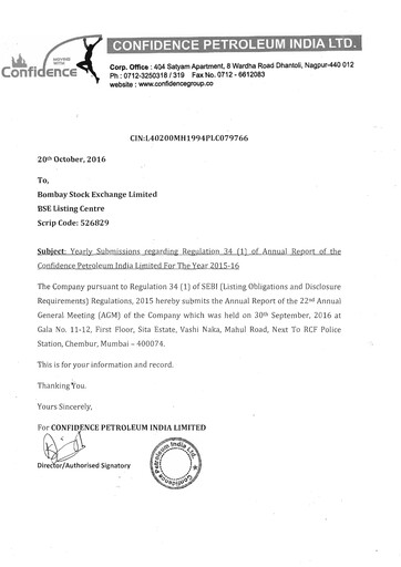 Vorschaubild Confidence Petroleum Jahresbericht 2015-2016
