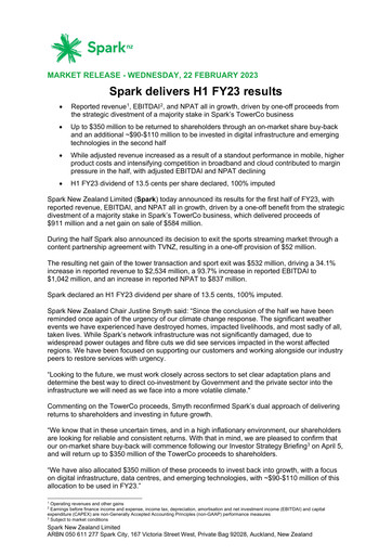 Thumbnail Spark New Zealand
 Half-year Report 2023-h1