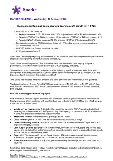 Thumbnail Spark New Zealand
 Half-year Report 2026-h1