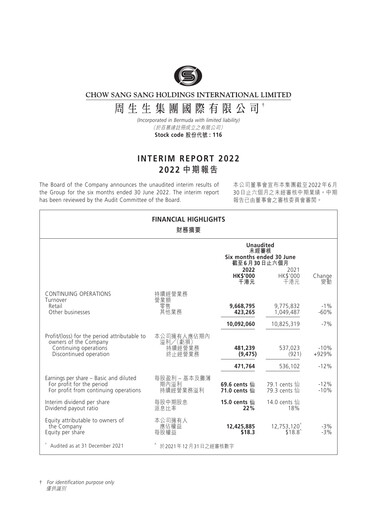 Thumbnail Chow Sang Sang Holdings Half-year Report 2022-h1