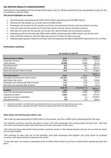 Thumbnail International Consolidated Airlines Half-year Report 2015-h1
