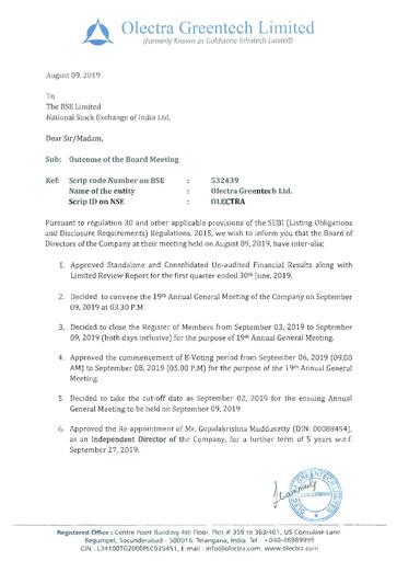 Thumbnail Olectra Greentech Quarterly Report 2019-q1