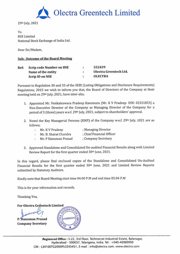Thumbnail Olectra Greentech Quarterly Report 2021-q1