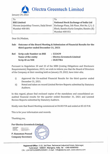 Thumbnail Olectra Greentech Quarterly Report 2021-q3