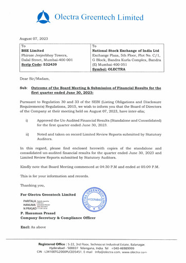 Thumbnail Olectra Greentech Quarterly Report 2023-q1