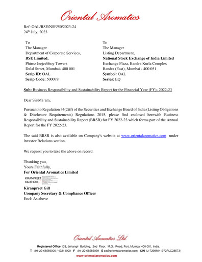 Thumbnail Oriental Aromatics
 Sustainability Report 2022-2023