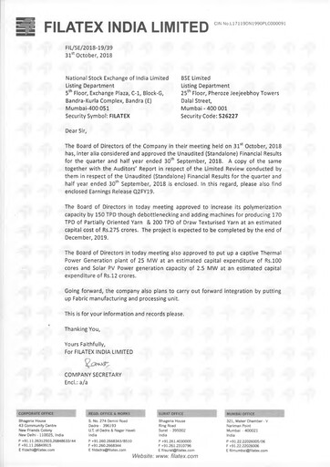Miniature Filatex India
 Rapport trimestriel 2018-q2