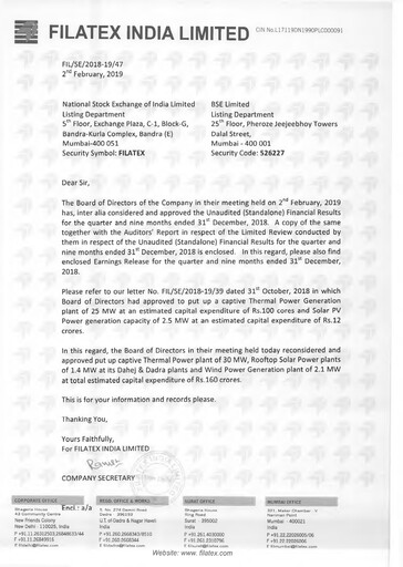 Miniature Filatex India
 Rapport trimestriel 2018-q3