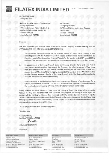 Miniature Filatex India
 Rapport trimestriel 2019-q1