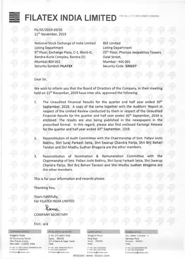 Miniature Filatex India
 Rapport trimestriel 2019-q2