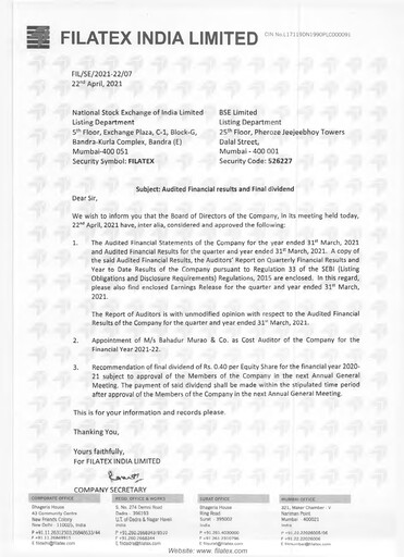 Miniature Filatex India
 Rapport trimestriel 2020-q4