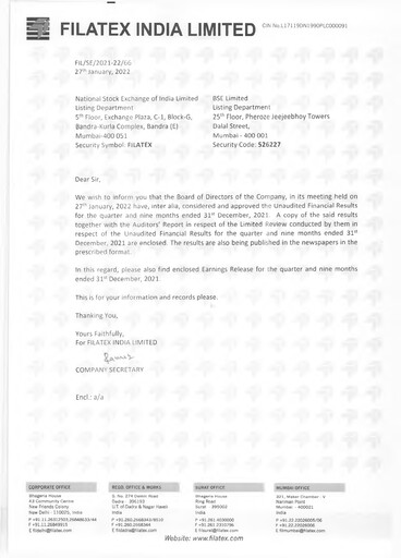 Miniature Filatex India
 Rapport trimestriel 2021-q3