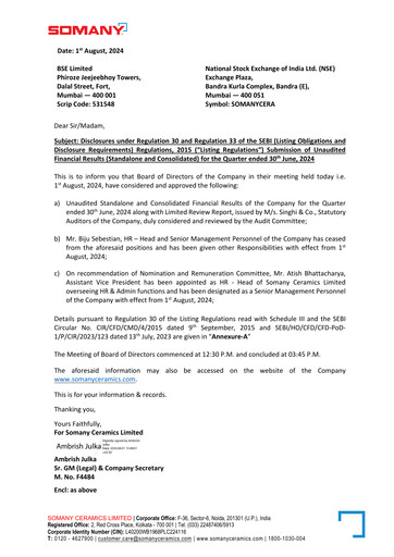 Thumbnail Somany Ceramics Quarterly Report 2024-q2