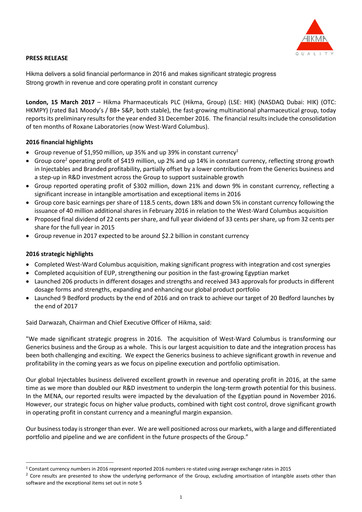 Thumbnail Hikma Pharmaceuticals
 Financial Report 2016