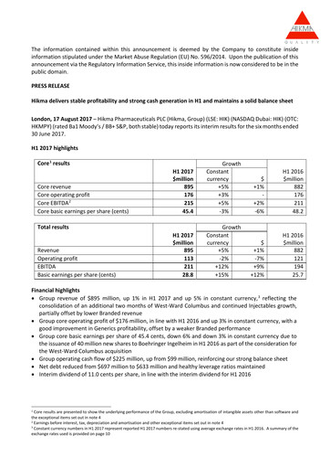 Thumbnail Hikma Pharmaceuticals
 Half-year Report 2017-h1