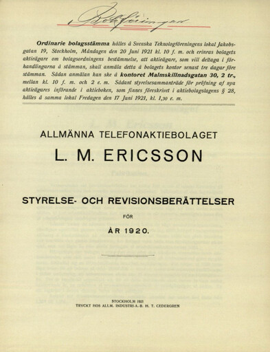 Thumbnail Ericsson Annual Report 1920