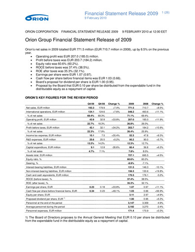 Thumbnail Orion Corporation Financial Report 2009