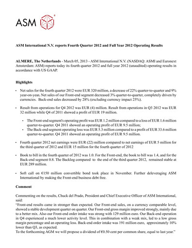 Thumbnail ASM International
 Financial Statement 2012
