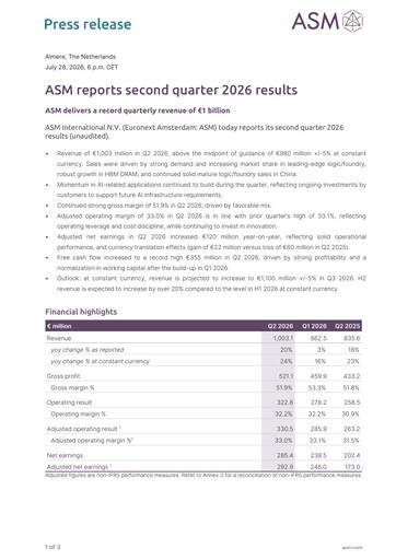 Vorschaubild ASM International
 Quartalsbericht 2026-q2