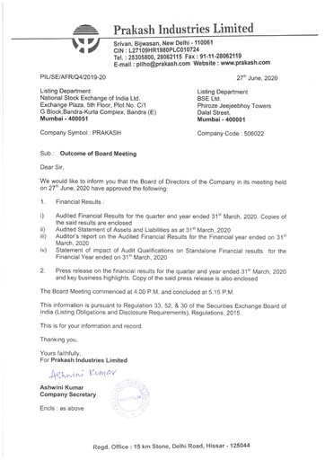 Thumbnail Prakash Industries
 Financial Statement 2019-2020