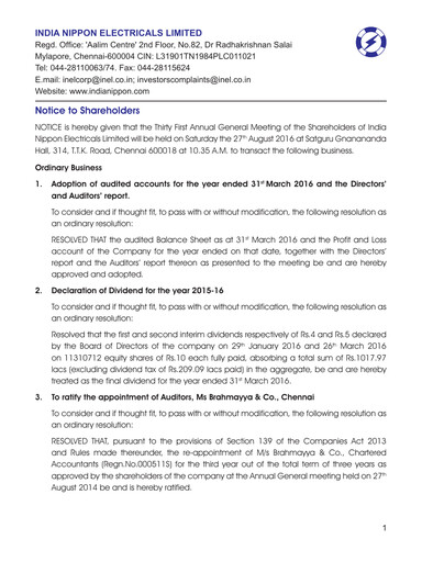 Vorschaubild India Nippon Electricals Jahresbericht 2015-2016